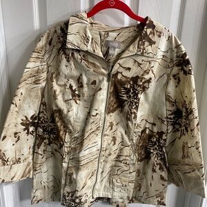 Chico's Cream & Brown Abstract Zip-Front Utility Jacket